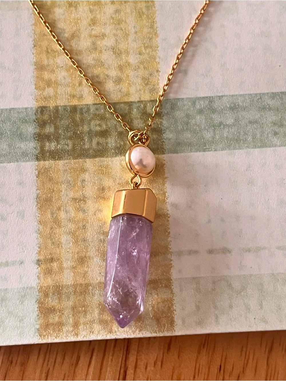 J Crew Raw Amethyst and Pearl Pendant Gold Tone Necklace